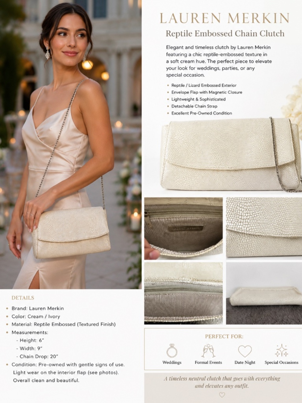 Lauren Merkin Reptile Embossed Evening Clutch Crossbody – Cream/Ivory